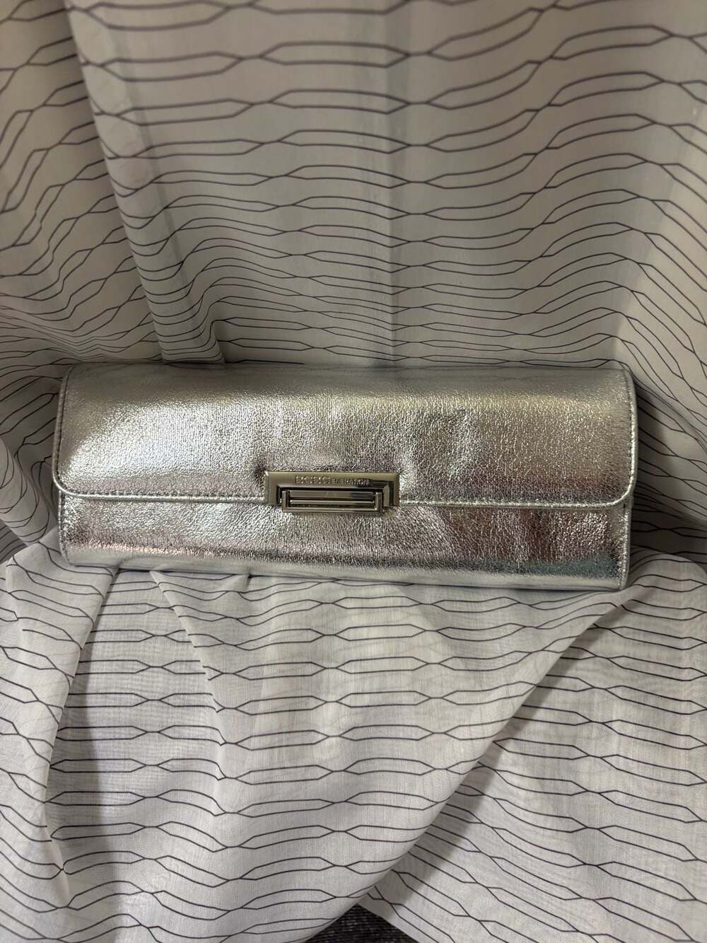 BCBGeneration Metallic Silver Rectangular Clutch with Chain Strap